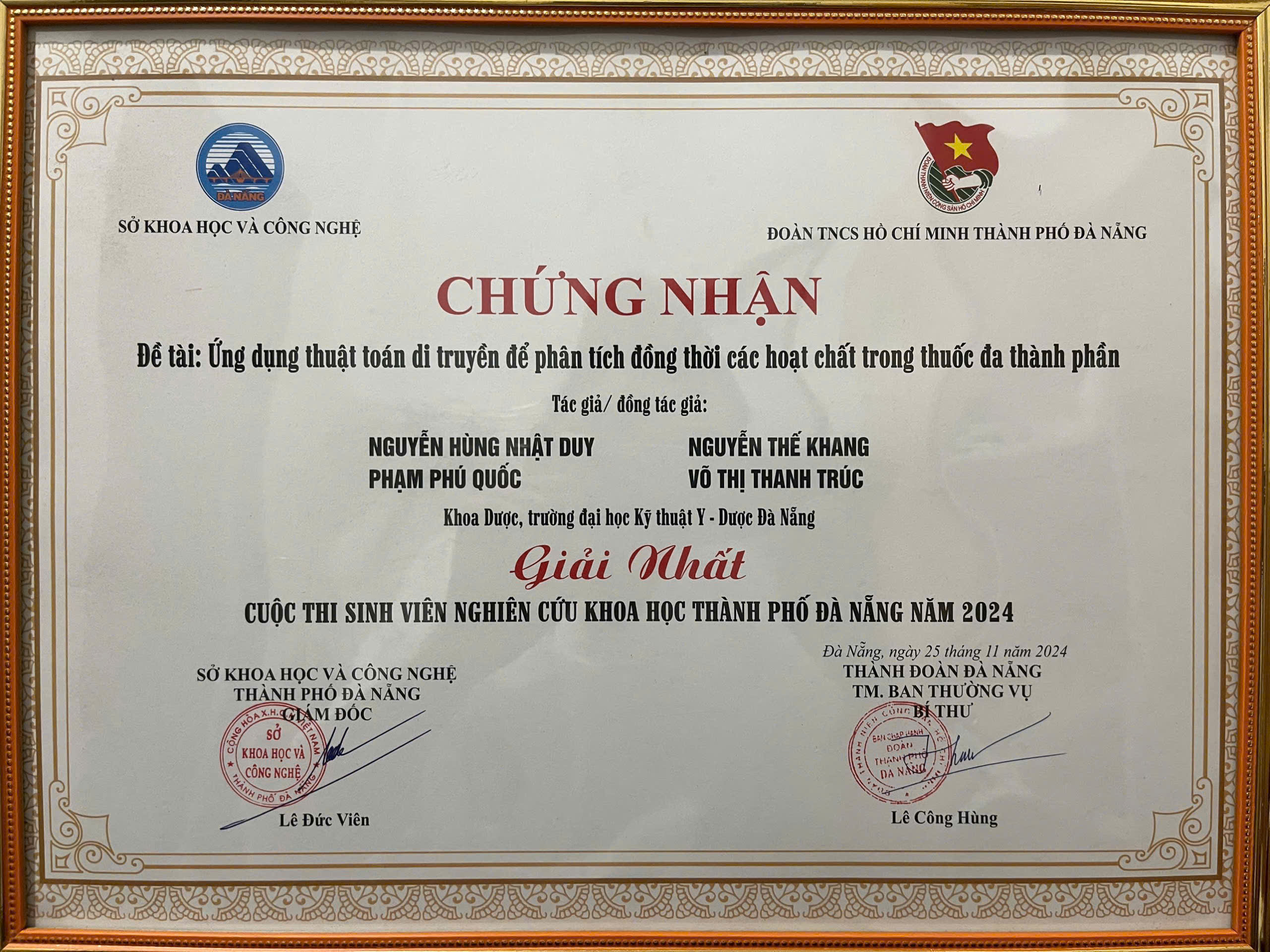 Chúc mừng sinh viên Trường Đại học Kỹ thuật Y - Dược Đà Nẵng đạt giải Nhất cuộc thi sinh viên nghiên cứu khoa học TP.Đà Nẵng.